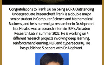 Congratulations to CS Major, Frank Liu, CRA Outstanding Undergraduate Researcher Finalist!